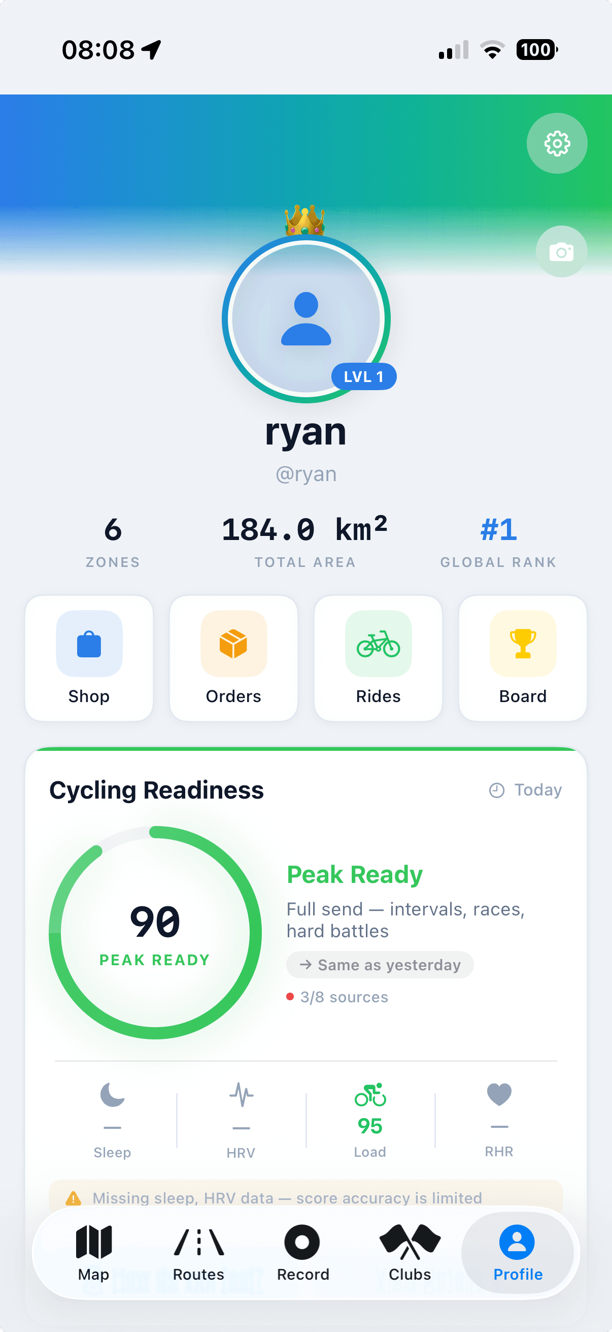 Atlas rider profile showing rank, territory and ride stats