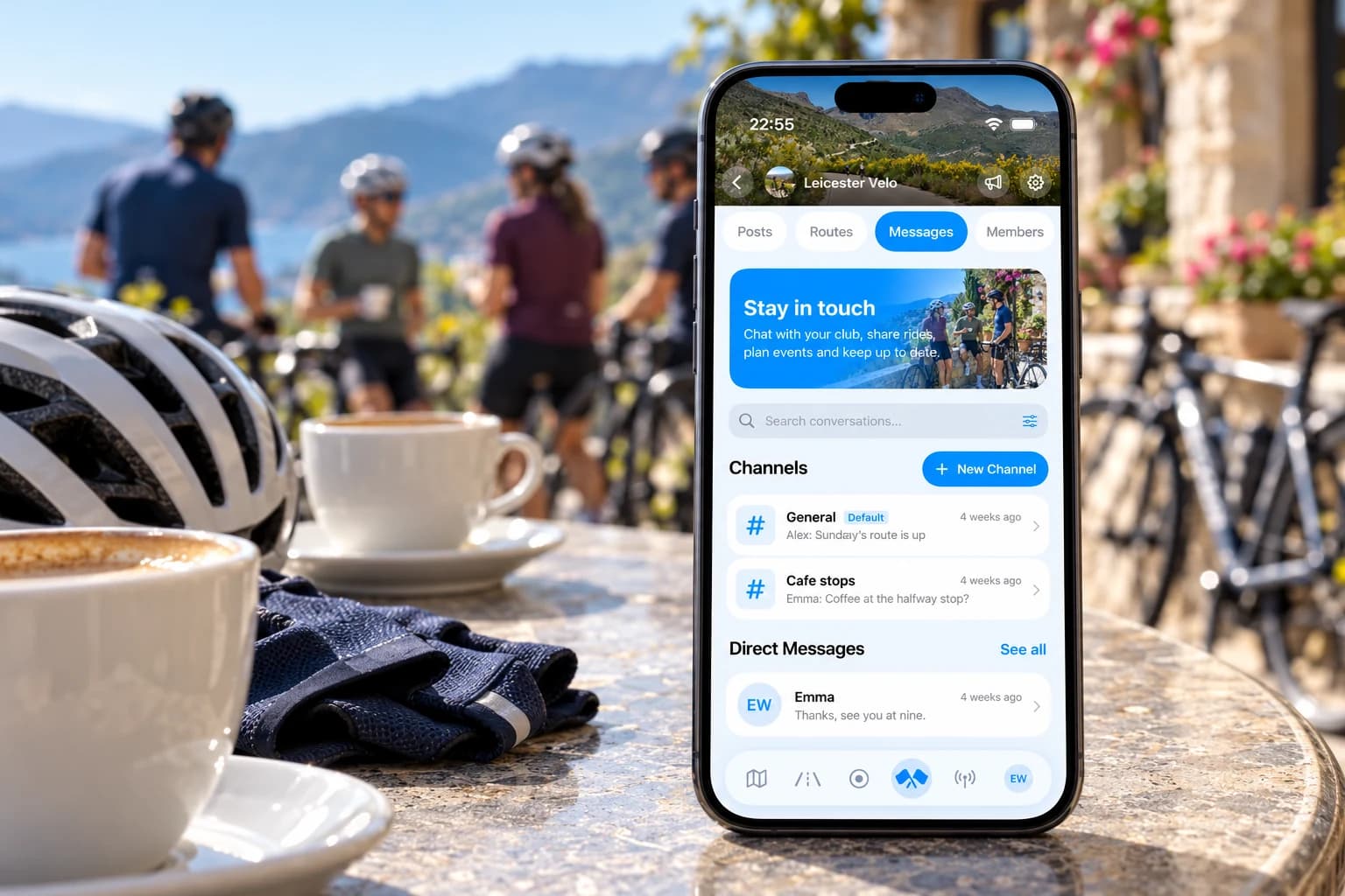 Recreated Atlas club Messages screen with organised channels and direct messages beside coffee and cycling kit