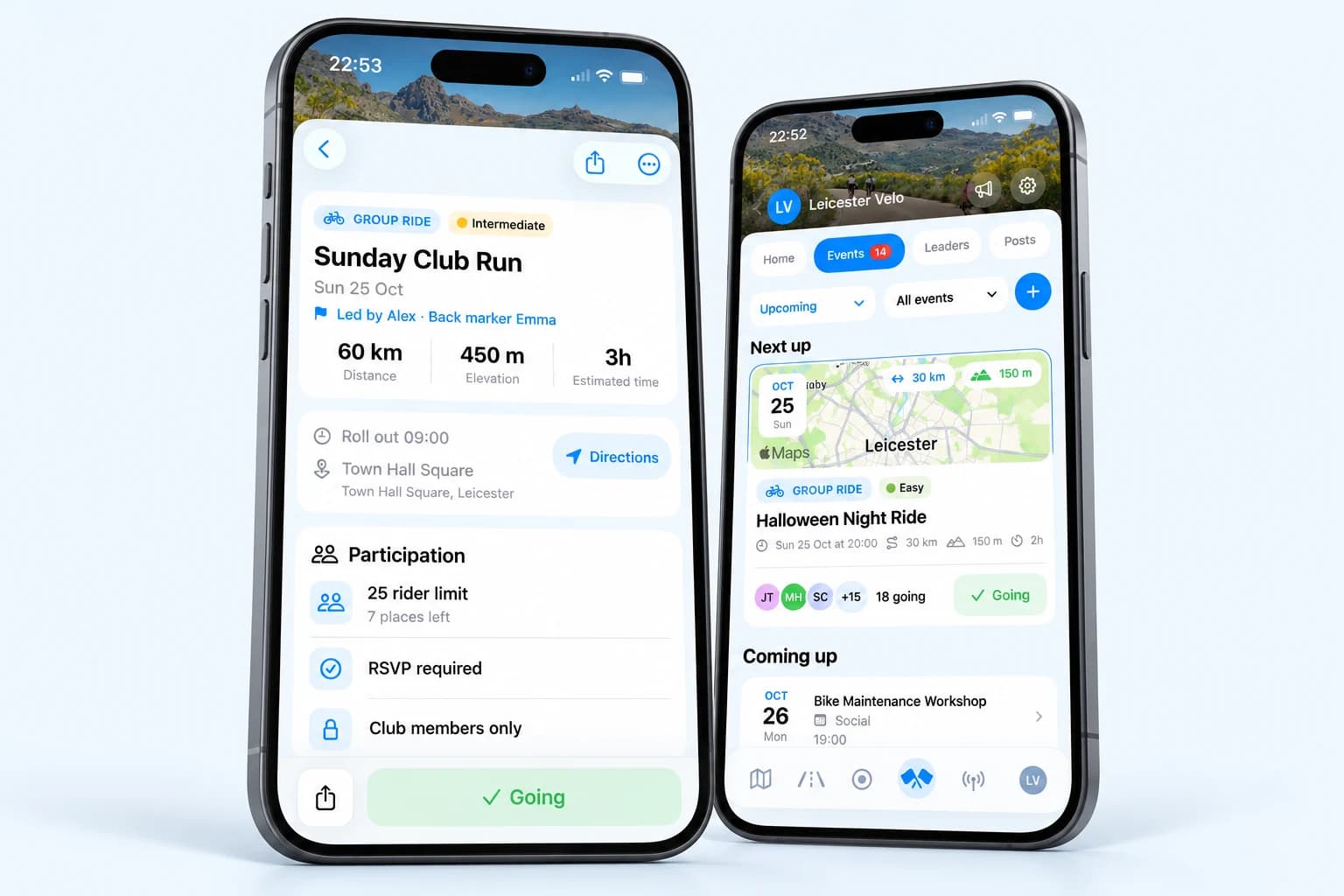 Recreated Atlas club ride details showing the route distance, meeting point, ride leader, back marker and RSVP capacity