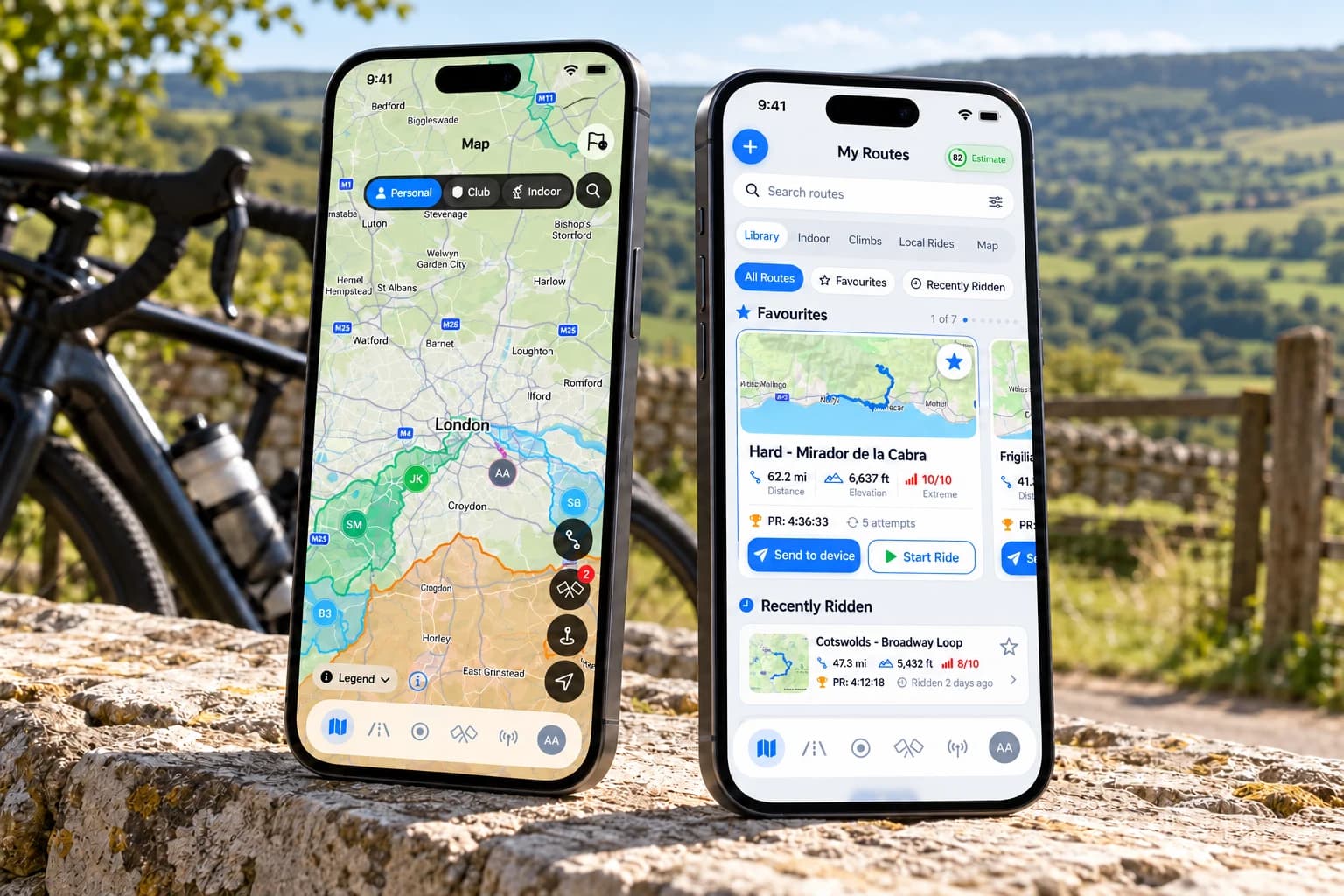Atlas map and route-library screens recreated from simulator captures, beside a road bike in the countryside