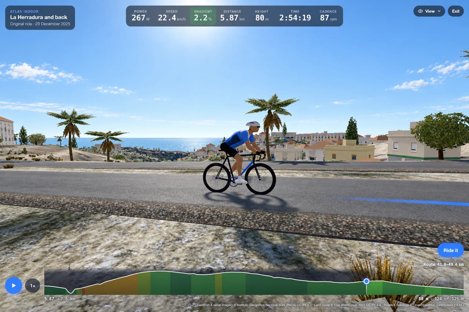 Atlas Indoor coastal route with a cyclist, ride metrics and elevation profile