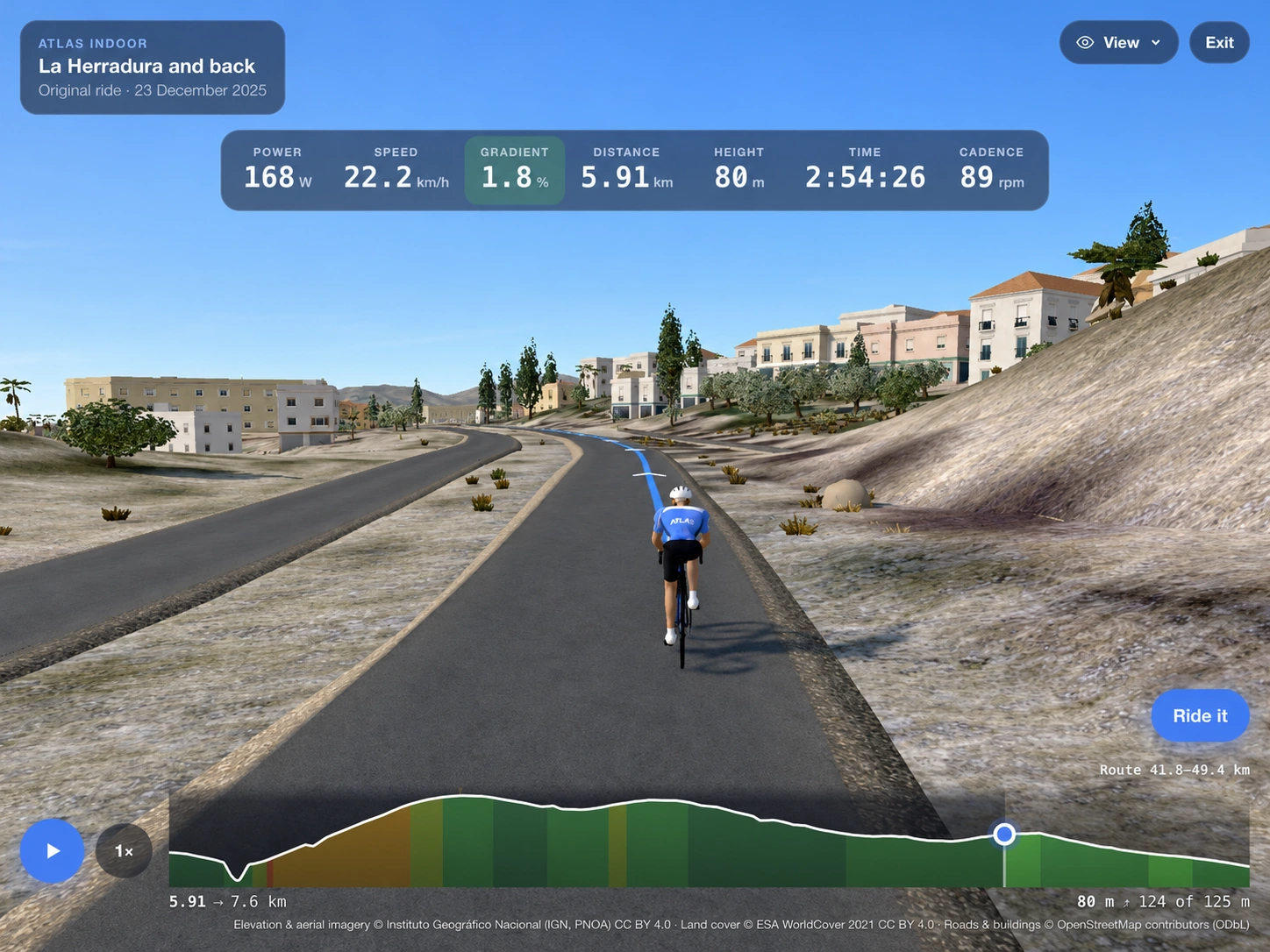 Atlas Indoor ride view, showing the rider, blue route guidance, live stats and elevation profile