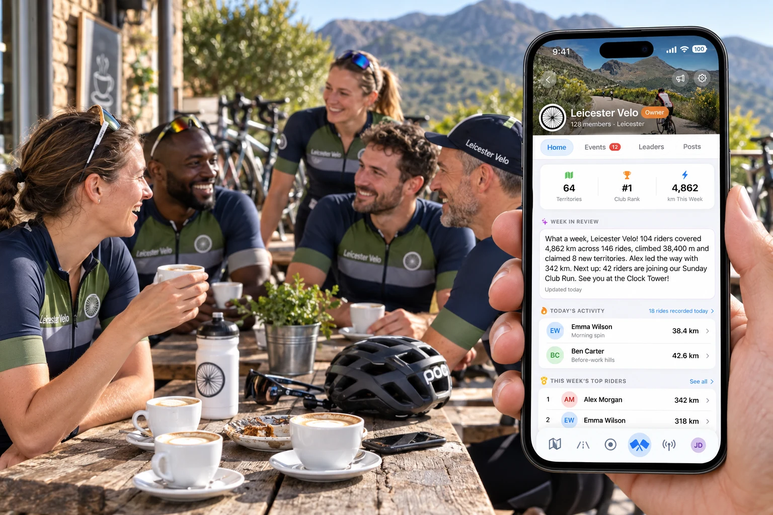 Illustrative Leicester Velo cycling club at a café beside its populated Atlas club home screen