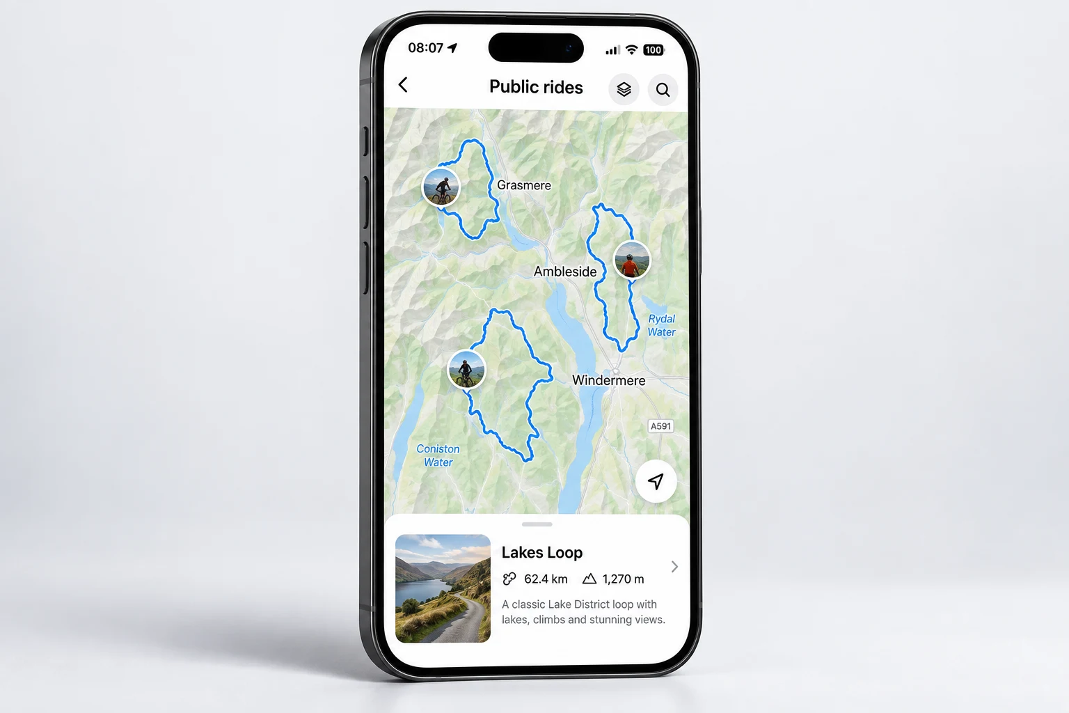 Recreated Atlas public ride discovery map showing cycling routes and a ride preview
