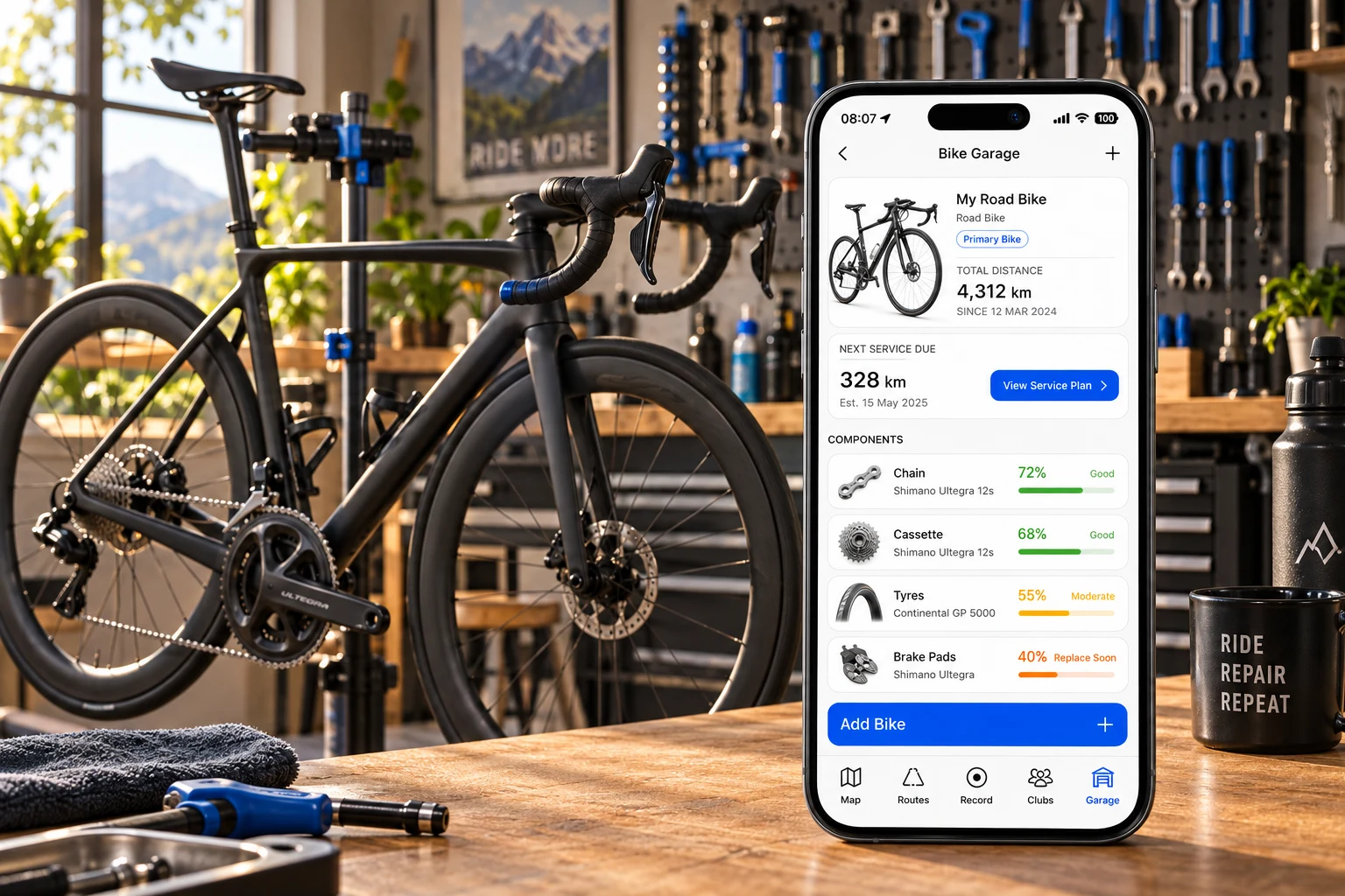 Recreated Atlas Bike Garage showing bike mileage and component wear in a workshop