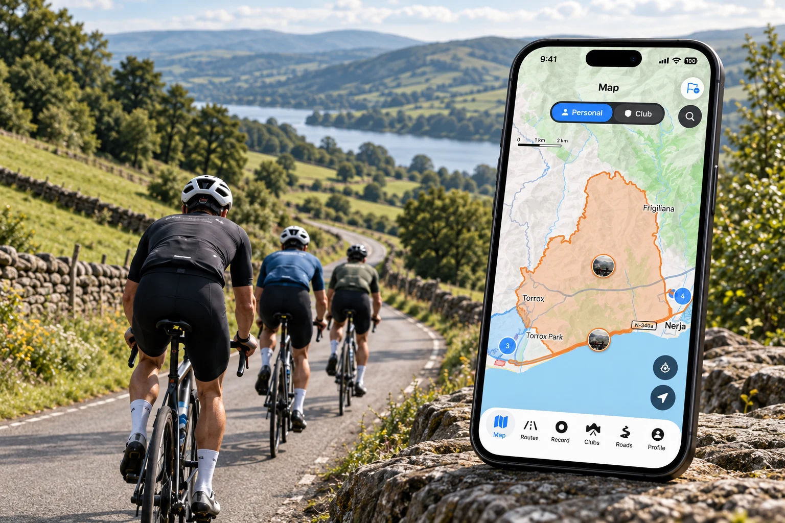 Cyclists riding a country road beside a recreated Atlas territory map on iPhone