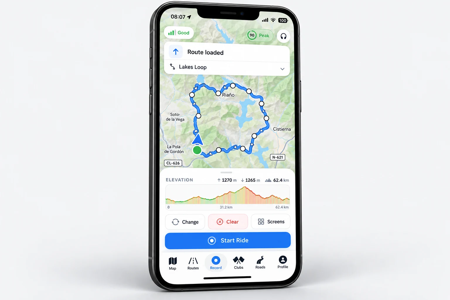 Recreated Atlas route preparation screen with a saved cycling route and elevation profile