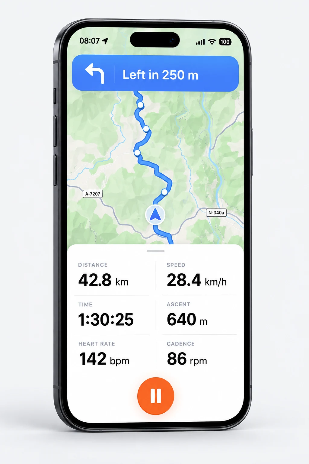 Recreated Atlas GPS recording screen with navigation, distance, speed, heart rate and cadence