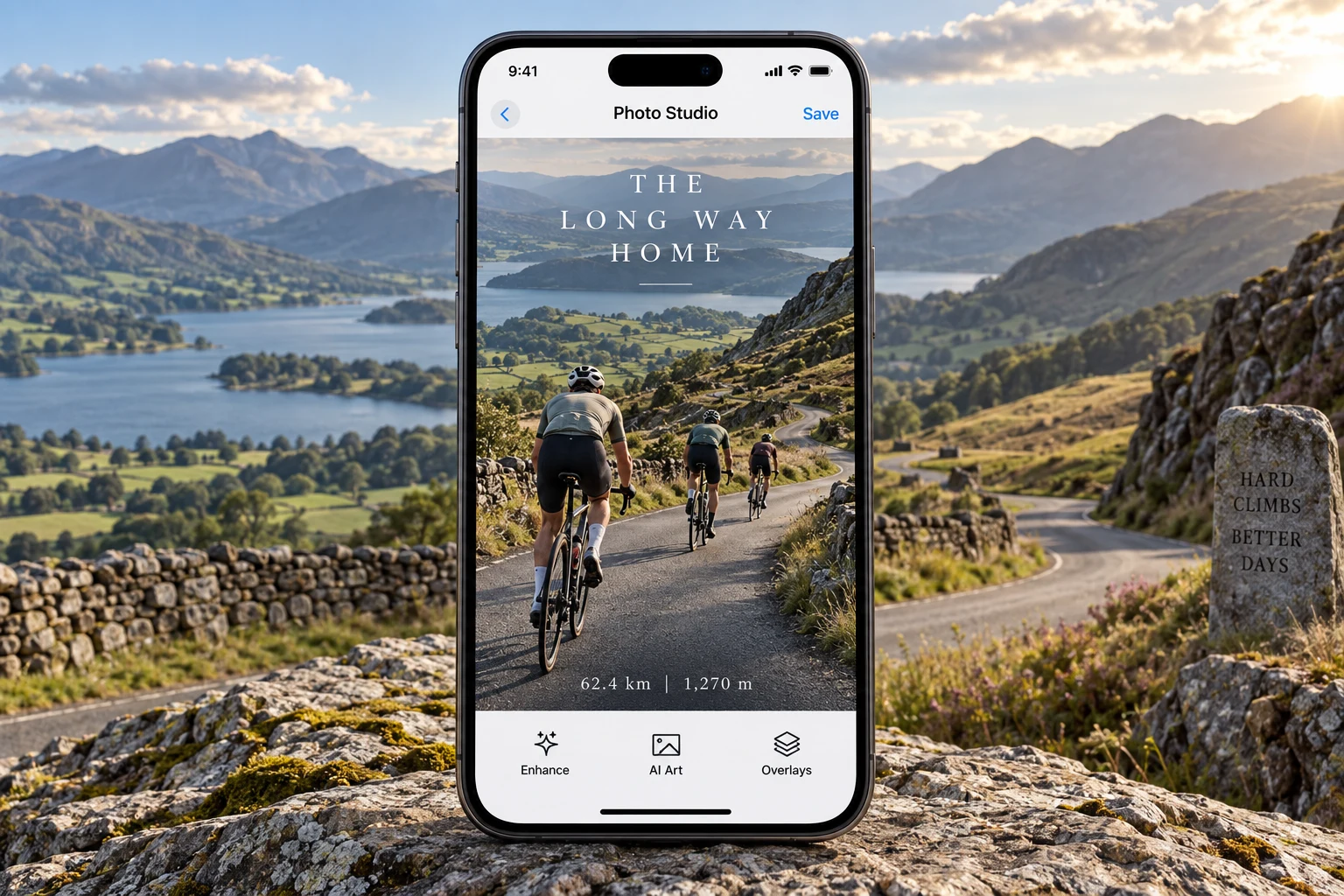 Recreated Atlas Photo Studio with a cycling photograph and ride statistics overlay