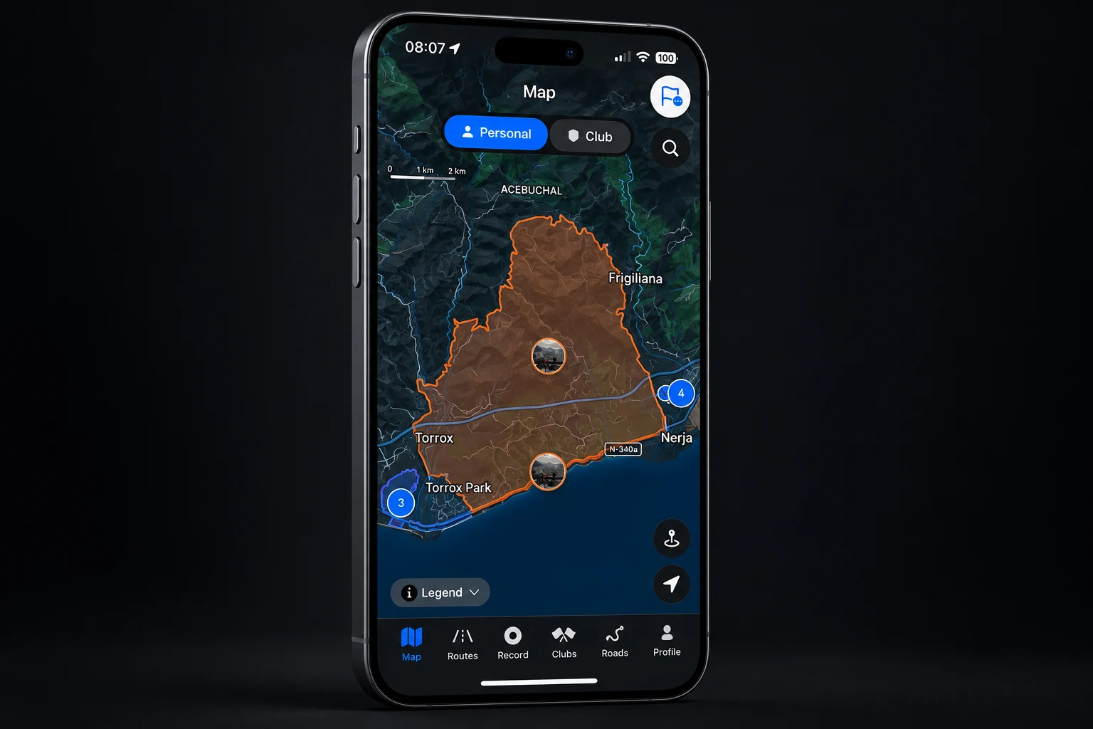 Recreated Atlas map in dark mode with personal and club territory controls