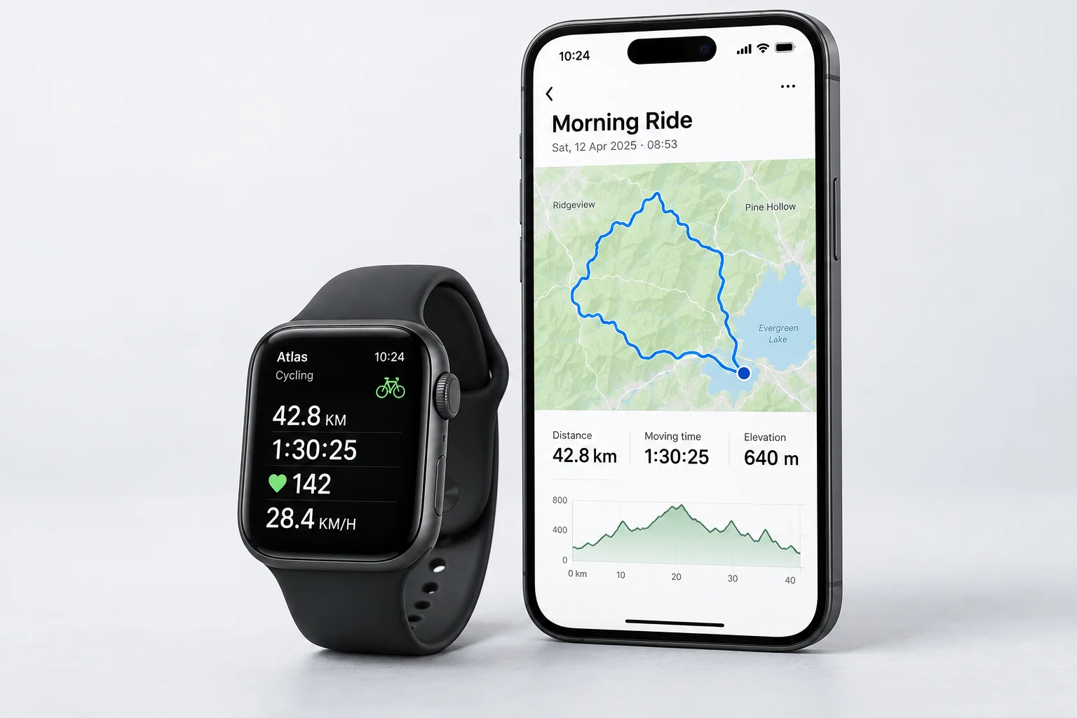 Recreated Atlas Apple Watch cycling workout and iPhone ride summary with sample statistics